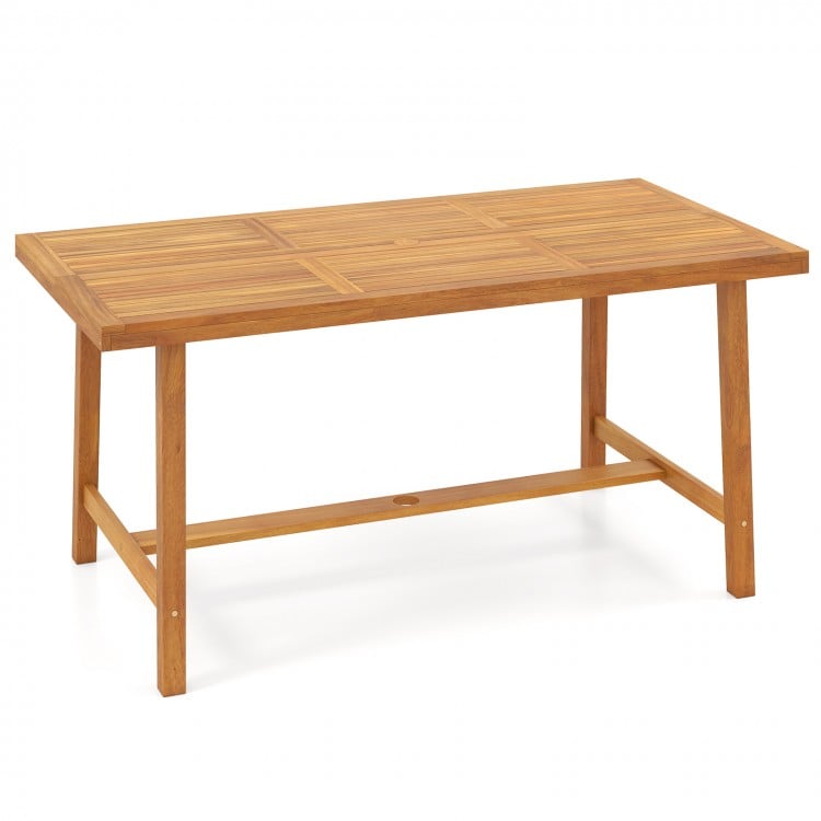 Acacia wood dining table for 6 with slatted top and umbrella hole, perfect for outdoor dining and gatherings.