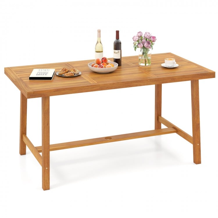 Acacia wood dining table for 6 people, featuring a slatted top and umbrella hole, perfect for outdoor dining areas.