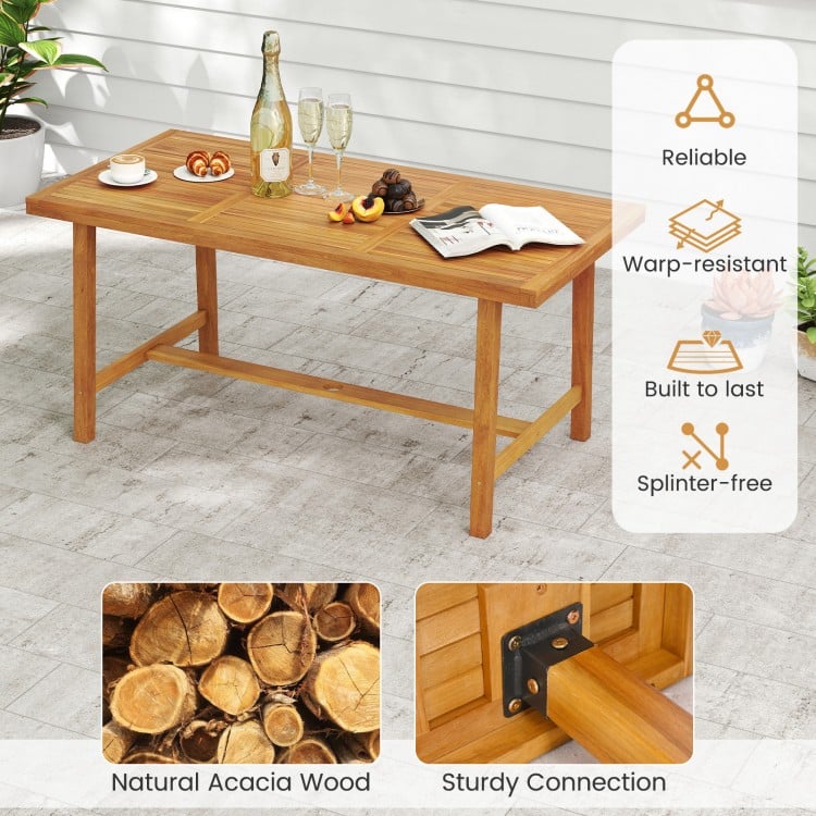 Acacia wood dining table for 6 people, featuring a smooth, splinter-free surface, ideal for outdoor dining areas.