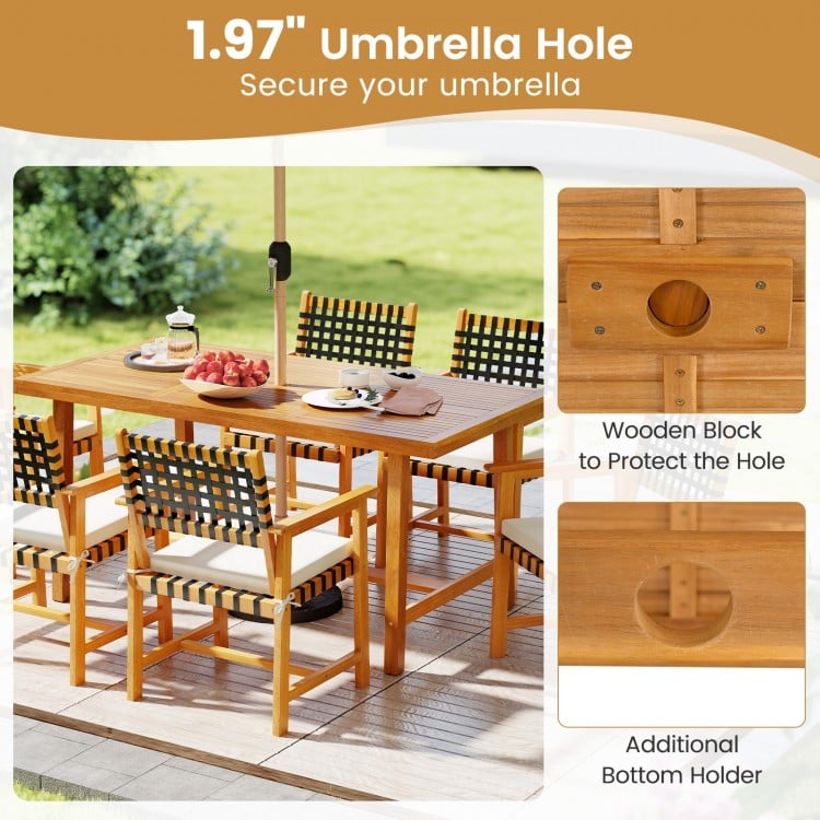 Acacia wood dining table with a 1.97" umbrella hole and bottom holder, perfect for outdoor dining setups.