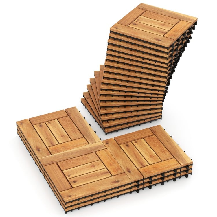 Stacked acacia wood interlocking deck tiles with a natural finish, ideal for patio, balcony, or poolside use.