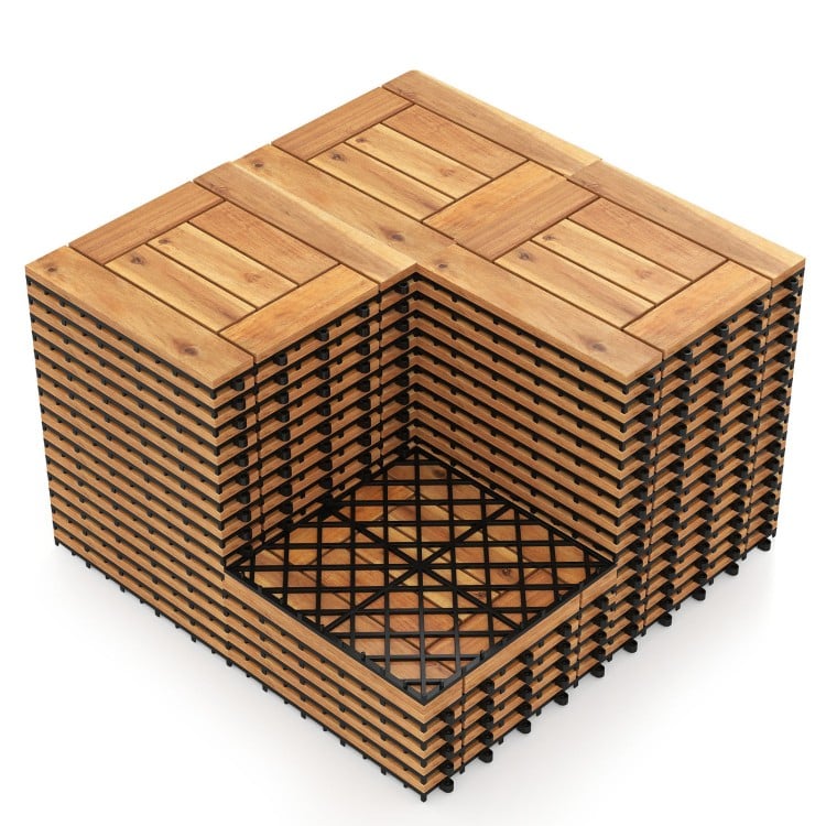 Acacia wood interlocking deck tiles with a diamond-shaped PP base, ideal for patio, balcony, or poolside use.