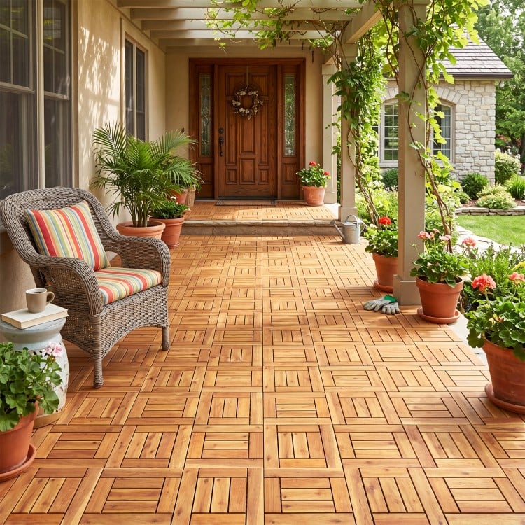Acacia wood interlocking deck tiles arranged on a porch, ideal for enhancing outdoor spaces like patios and balconies.