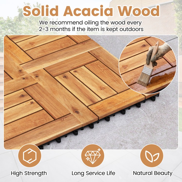 Acacia wood interlocking deck tiles showcasing natural beauty and high strength, ideal for patio and poolside use.