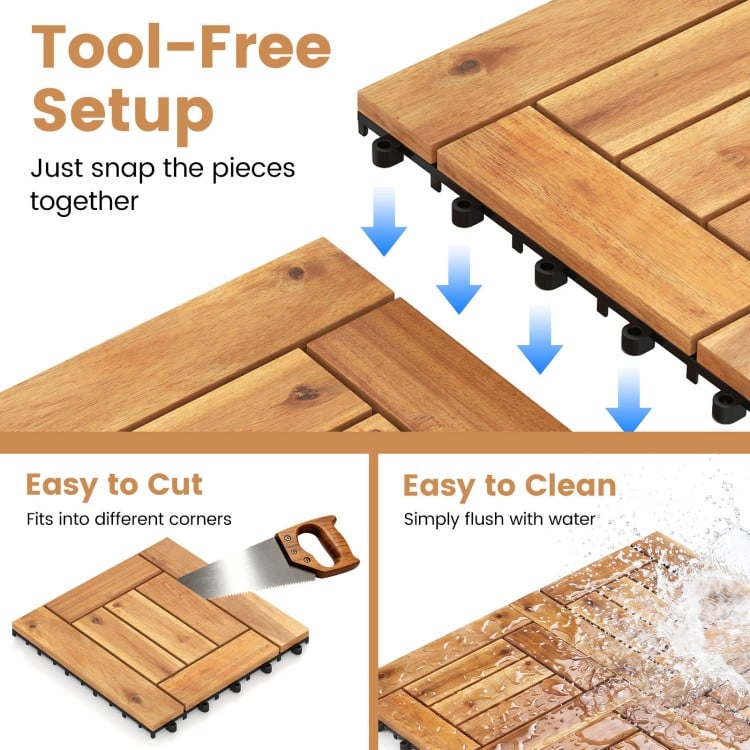 Acacia wood interlocking deck tiles with tool-free setup, easy to cut and clean, ideal for patio and poolside use.