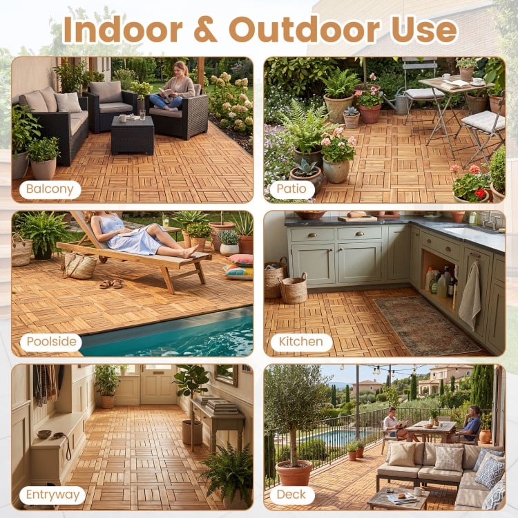 Acacia wood interlocking deck tiles displayed in various settings, ideal for patio, balcony, poolside, and kitchen use.