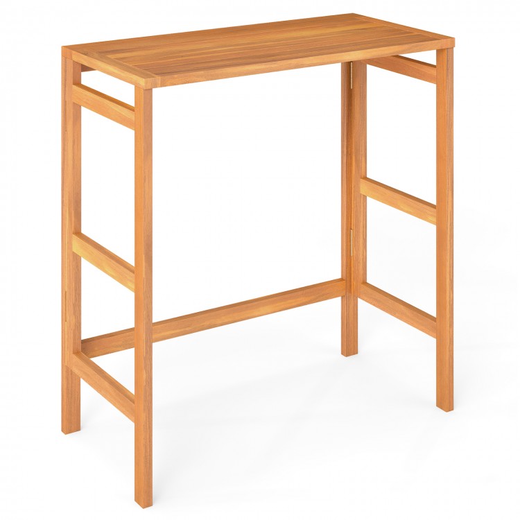 Acacia wood outdoor bar table with slatted tabletop, foldable design for easy storage, perfect for balcony or patio use.