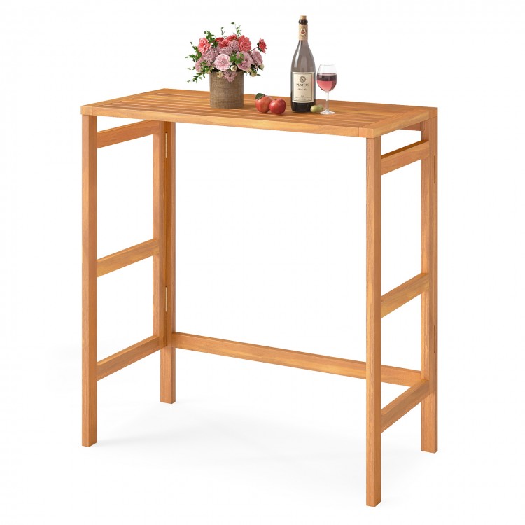 Acacia wood outdoor bar table with slatted tabletop, ideal for balcony use, featuring a foldable design for easy.