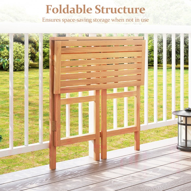 Foldable acacia wood outdoor bar table with slatted tabletop, perfect for space-saving storage on your balcony.