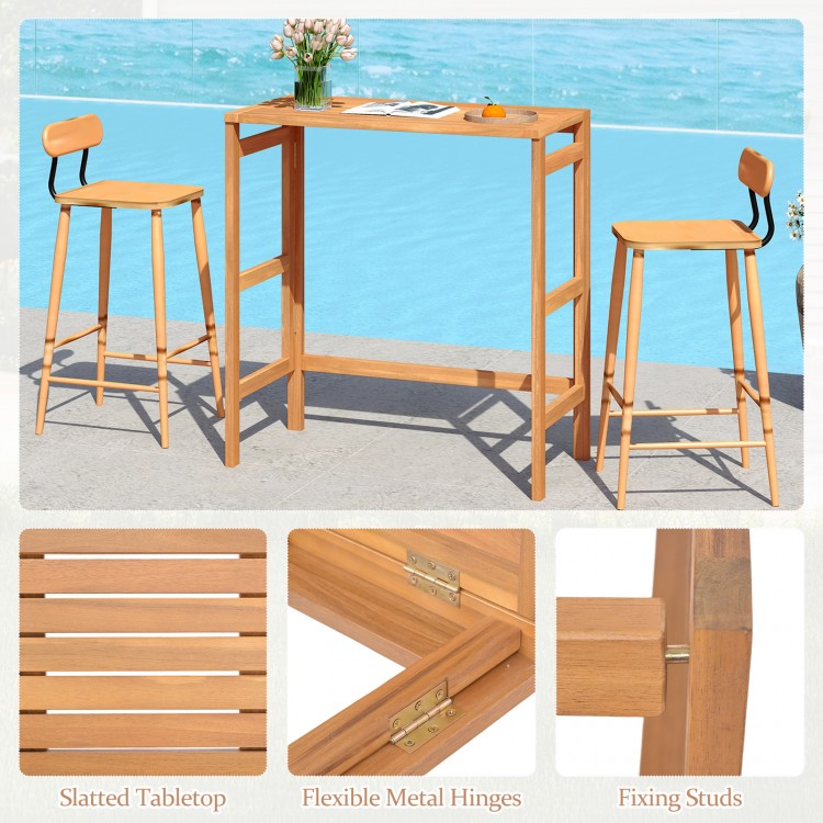 Acacia wood outdoor bar table with slatted tabletop, foldable design, ideal for balcony or patio use.