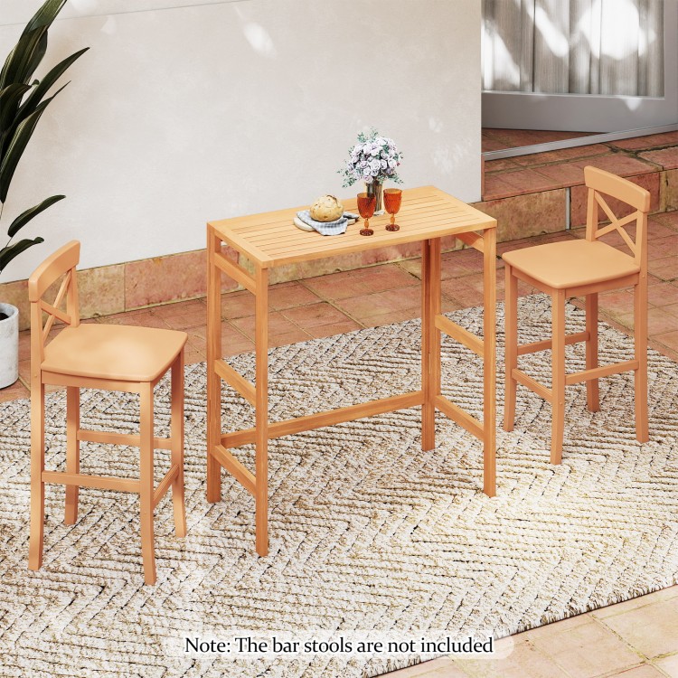 Acacia wood outdoor bar table with slatted top and sturdy build, perfect for enhancing your backyard or poolside.