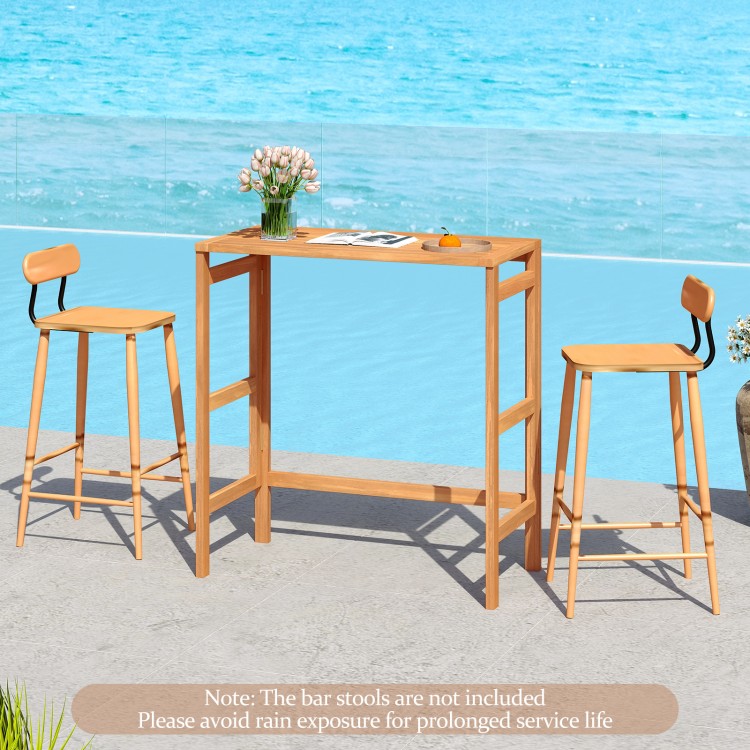 Acacia wood outdoor bar table with slatted tabletop, ideal for balcony or patio, featuring a foldable design for easy.
