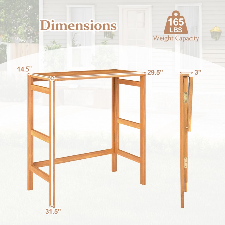 Acacia wood outdoor bar table with slatted tabletop, foldable design, ideal for balcony or patio use. Dimensions shown.