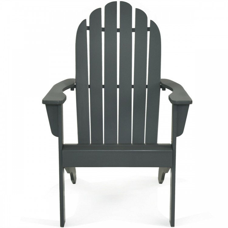 Gray acacia wood Adirondack chair with ergonomic design and wide armrests, perfect for outdoor patio relaxation.