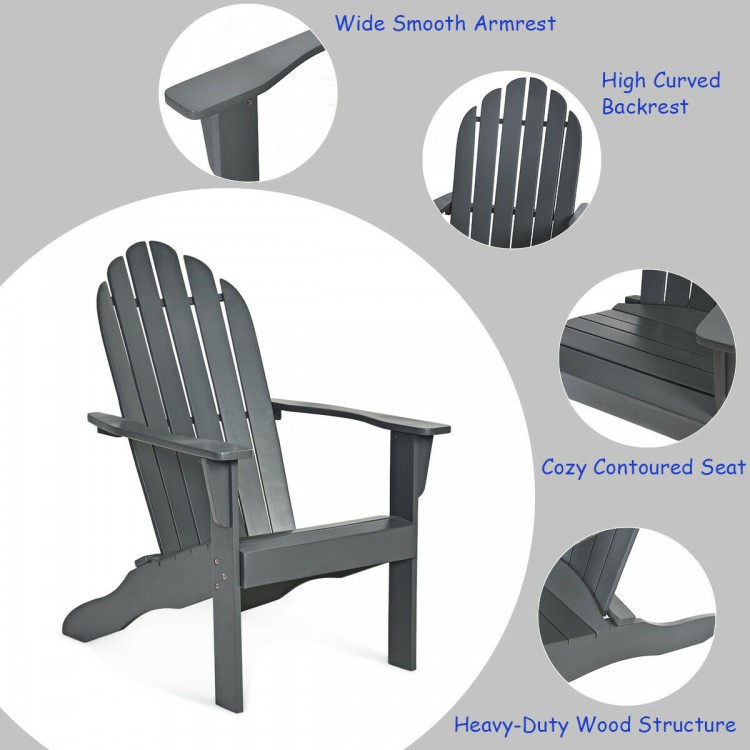 Gray acacia wood Adirondack chair featuring a cozy contoured seat and wide armrest, perfect for outdoor relaxation.