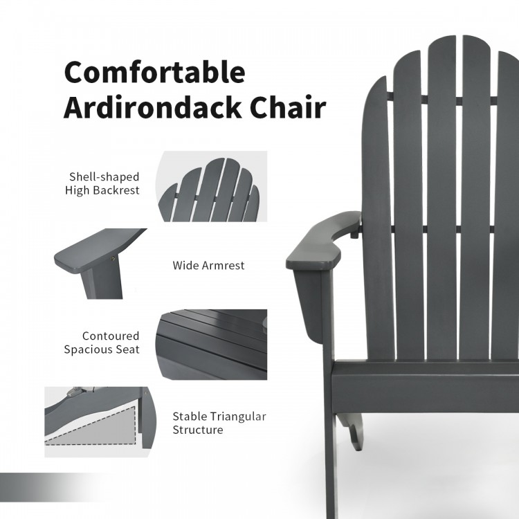 Gray acacia wood Adirondack chair featuring a high backrest, wide armrests, and ergonomic design for outdoor comfort.