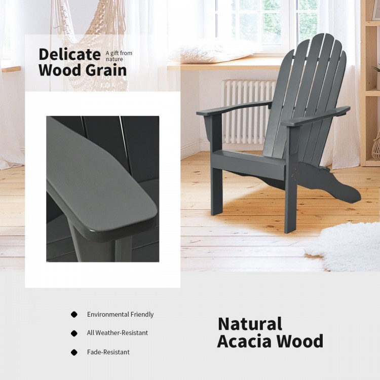 Gray acacia wood Adirondack chair showcasing its delicate wood grain, perfect for enhancing indoor and outdoor spaces.