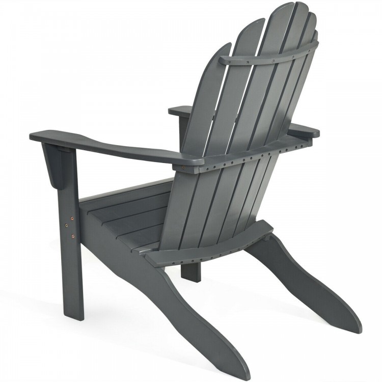 Gray acacia wood Adirondack chair with ergonomic design, featuring wide armrests and a classic slat style for outdoor.