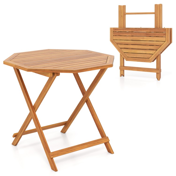 Folding acacia wood dining table with slatted octagonal top, designed for 4, perfect for outdoor gatherings and patios.