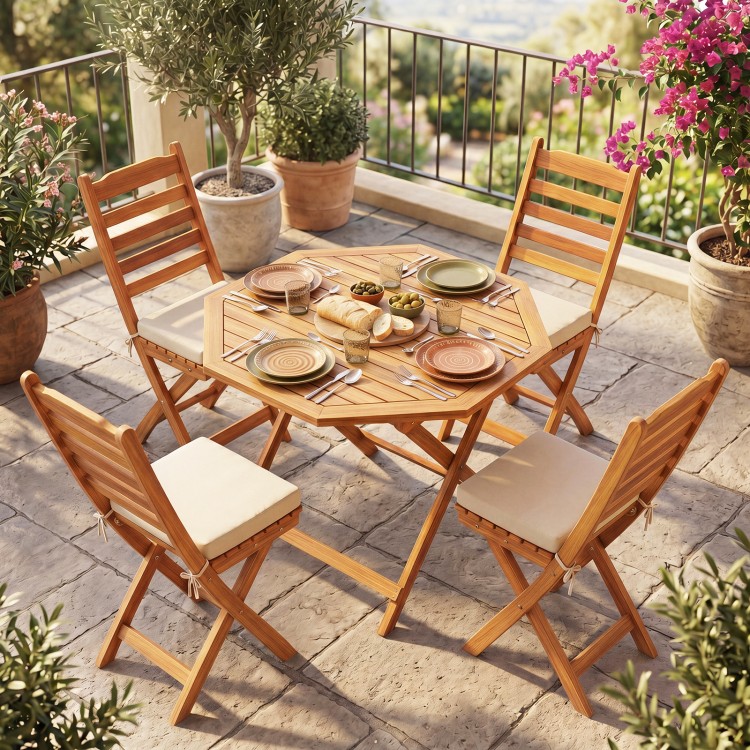 Octagonal acacia wood outdoor folding dining table for 4 with slatted tabletop, perfect for patios and gardens.