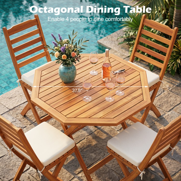Octagonal acacia wood outdoor dining table for 4 with slatted top, perfect for gardens and patios.