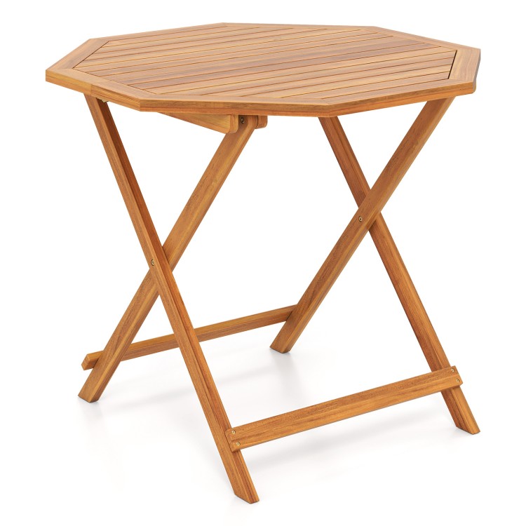 Octagonal acacia wood outdoor folding dining table for 4 with slatted tabletop, ideal for patios and gardens.