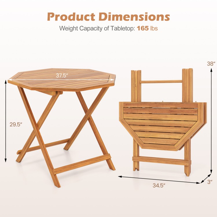 Octagonal acacia wood outdoor folding dining table with slatted tabletop, dimensions 37.5" for 4 people, space-saving.