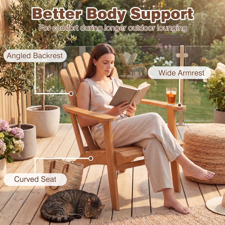 Acacia wood outdoor patio chair with angled backrest and wide armrests, designed for comfort and 400 lbs weight.