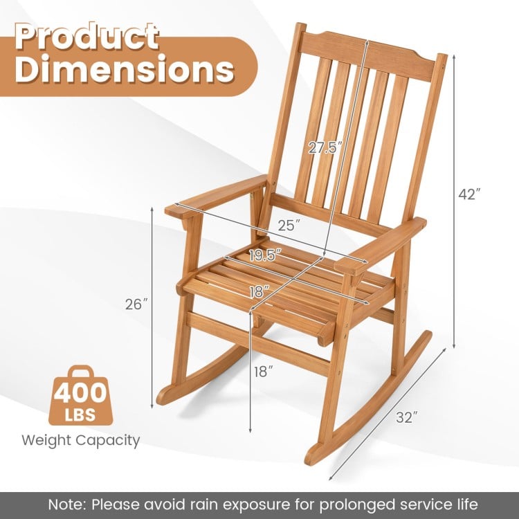 Acacia wood oversized rocking chair with high back and armrests, designed for outdoor relaxation, supports 400 lbs.