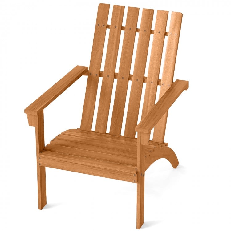 Natural acacia wood Adirondack chair with ergonomic backrest and armrests, ideal for porch or backyard seating.