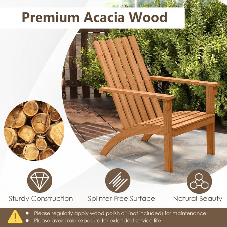 Acacia wood patio Adirondack chair with ergonomic backrest, natural finish, ideal for porch or backyard relaxation.