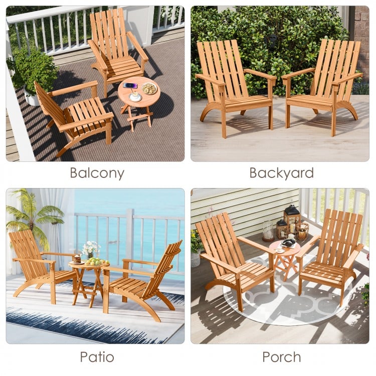 Natural acacia wood Adirondack chair with high backrest, ideal for patio relaxation and stylish outdoor decor.