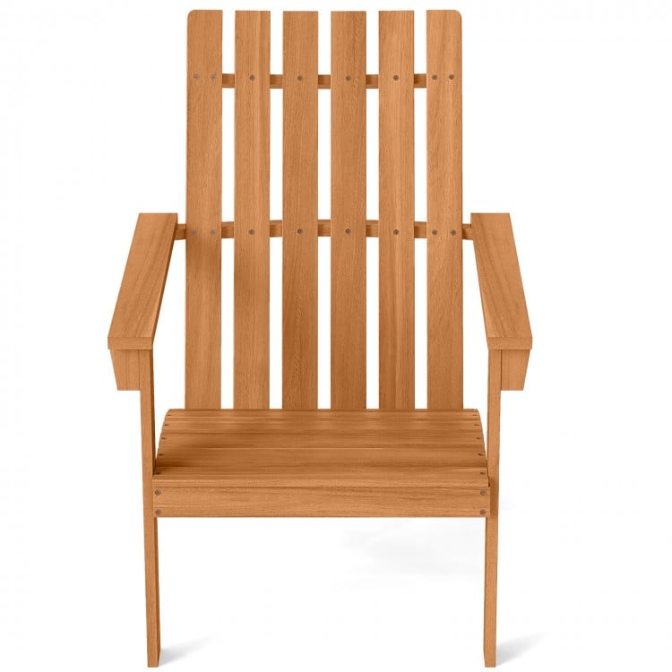 Natural acacia wood Adirondack chair with ergonomic backrest and armrests, perfect for outdoor porch or patio use.
