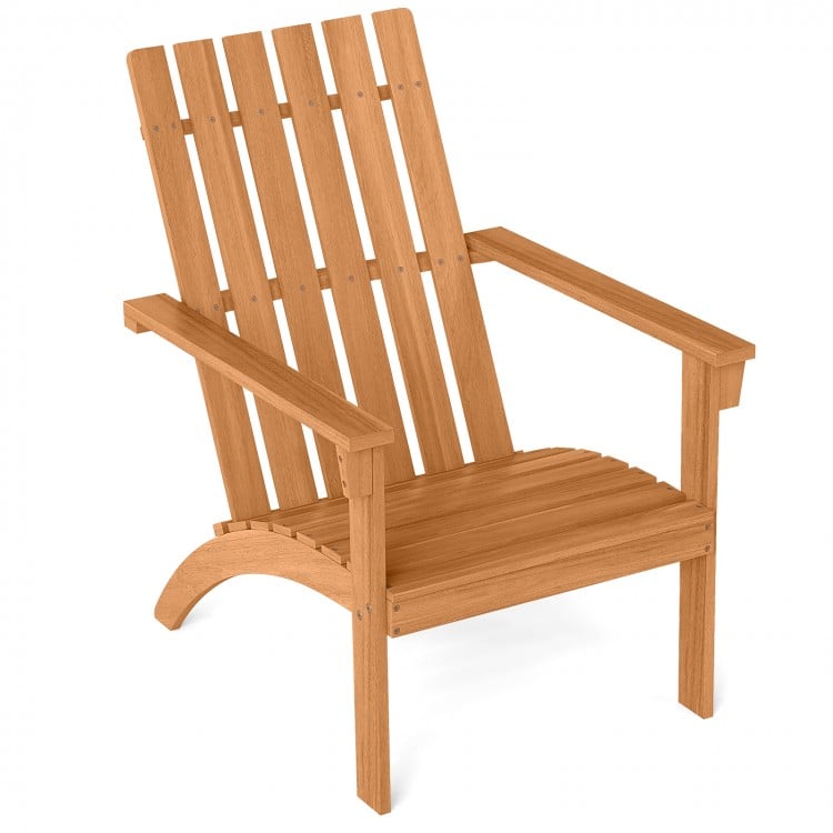 Natural acacia wood Adirondack chair with inclined seat and high backrest, perfect for porch or backyard relaxation.