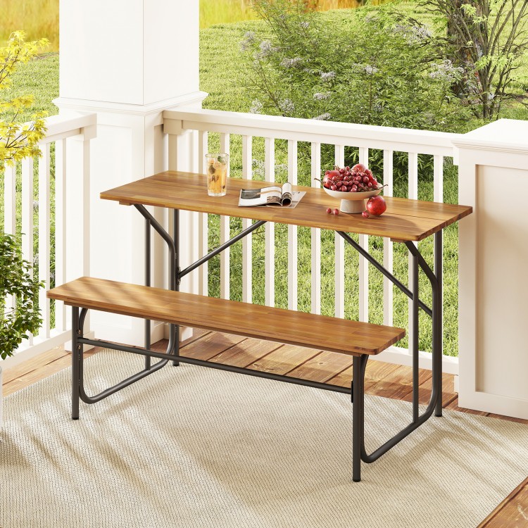 Acacia wood patio table bench for 2 with solid wood top and reinforced metal frame, perfect for outdoor relaxation.