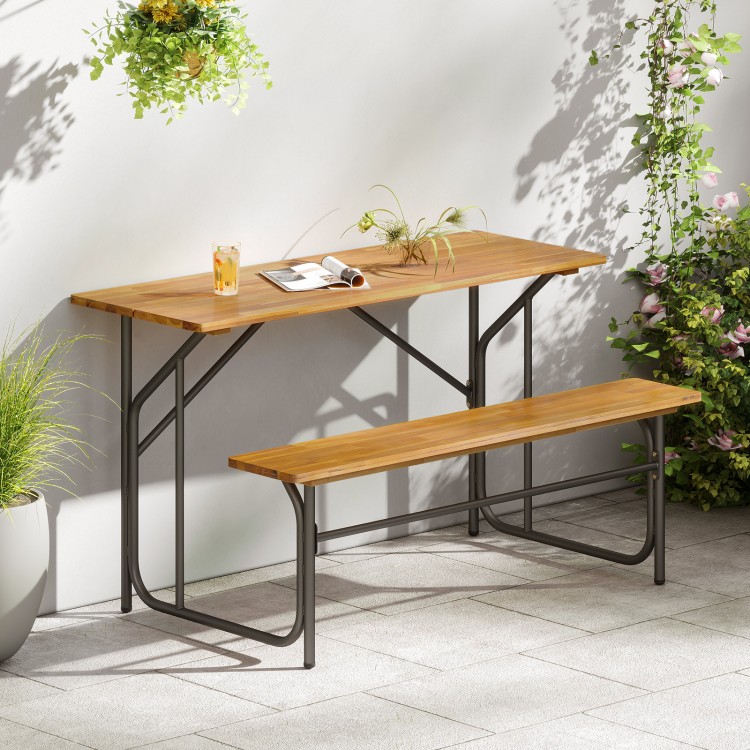 Acacia wood patio table and bench for 2 people, featuring a solid wood top and reinforced metal frame, perfect for.