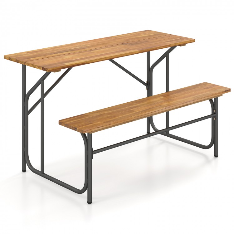 Acacia wood patio table and bench set for 2 people with a reinforced metal frame, perfect for outdoor relaxation.