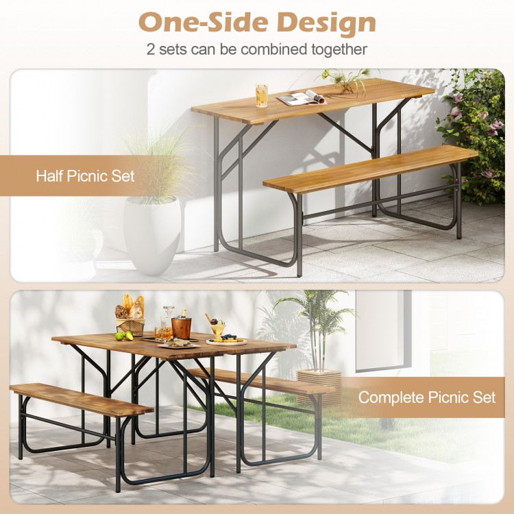 Acacia wood patio table and bench set for 2, featuring a one-side design, ideal for outdoor gatherings in gardens or.
