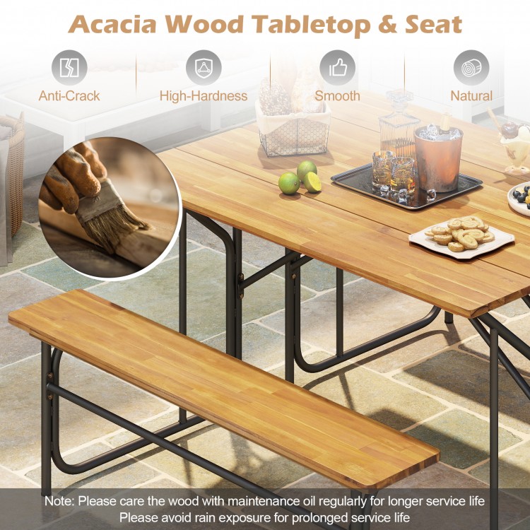 Acacia wood patio table bench for 2, featuring a solid tabletop and adjustable foot pads, perfect for outdoor.
