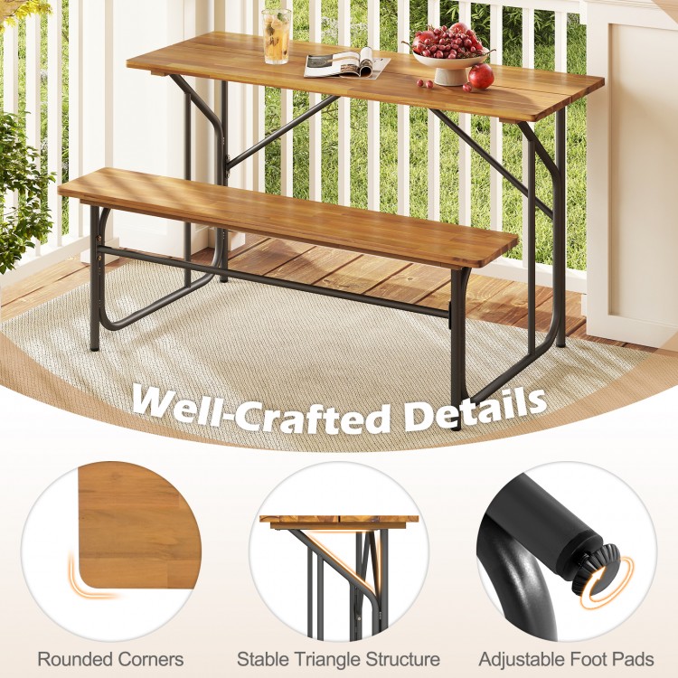 Acacia wood patio table and bench for 2, featuring a solid top and adjustable foot pads, perfect for outdoor relaxation.