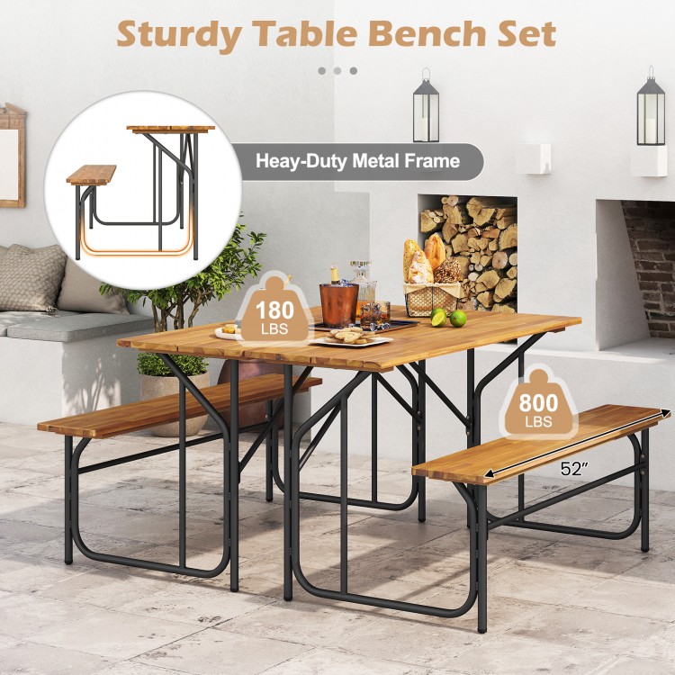 Acacia wood patio table bench set for 2 people, featuring a sturdy metal frame and ideal for outdoor relaxation.