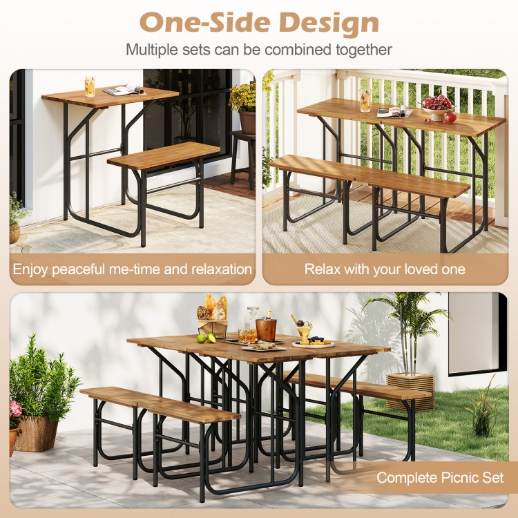 Acacia wood patio table and bench set with one-side design, ideal for solo relaxation or family picnics in outdoor.