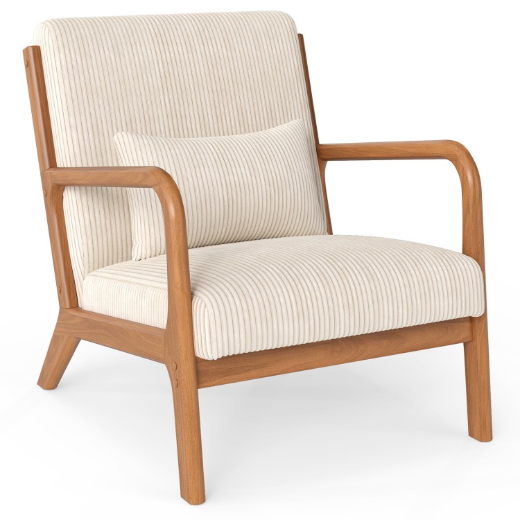 Beige corduroy accent chair with lumbar pillow and solid wood frame, ideal for living rooms and home offices.