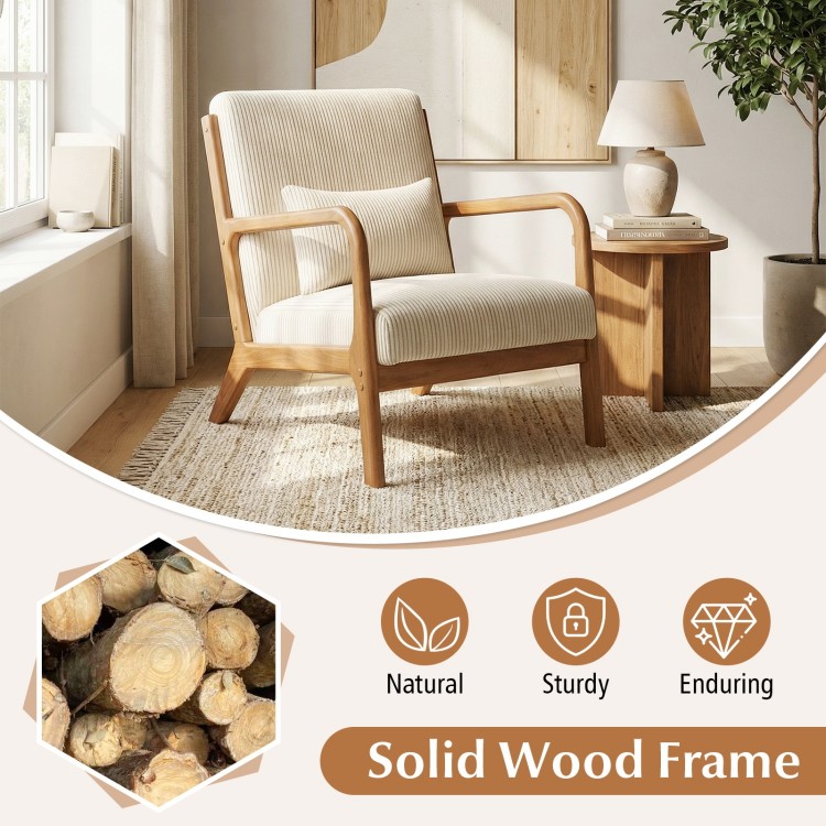 Beige corduroy upholstered accent chair with solid wood frame and lumbar pillow, ideal for living rooms and home.