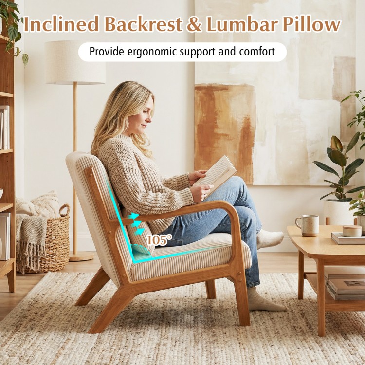 Accent chair with beige corduroy upholstery, 105-degree inclined backrest, and lumbar pillow for ergonomic support.