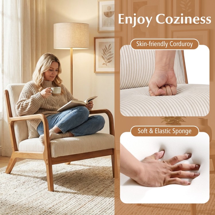 Accent chair with skin-friendly corduroy upholstery and lumbar pillow, offering ergonomic support for cozy lounging.