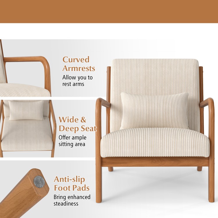 Accent chair with corduroy upholstery, curved armrests, and lumbar pillow, ideal for living rooms and home offices.