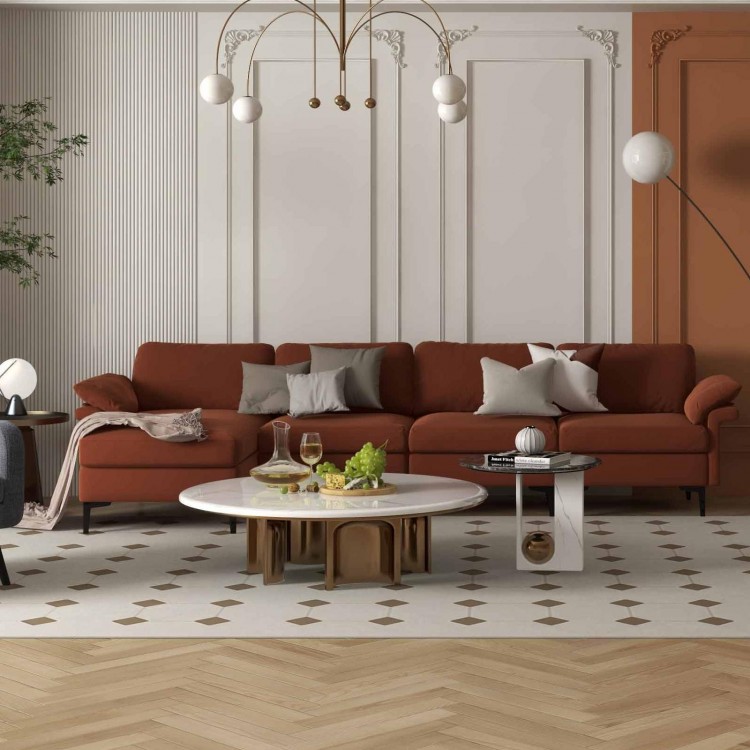 L-shaped sectional sofa with accent chair and round side table, featuring faux marble surface and USB ports for modern.