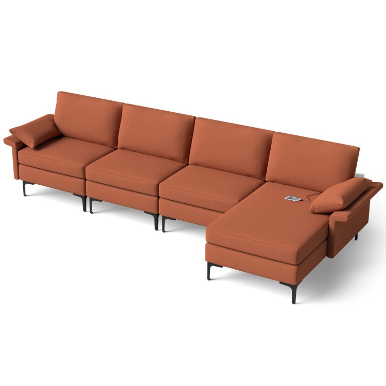 L-shaped sectional sofa in rust color with USB ports, featuring a reversible chaise for versatile living room use.