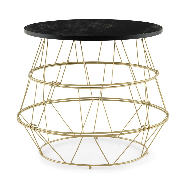 Round side table with faux marble top and gold metal frame, featuring hidden storage for modern living room use.